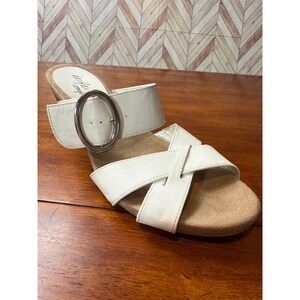 Dexflex Comfort Womens White Wedge Sandals Cork Heel Buckle Slide 9.5‎ Classic